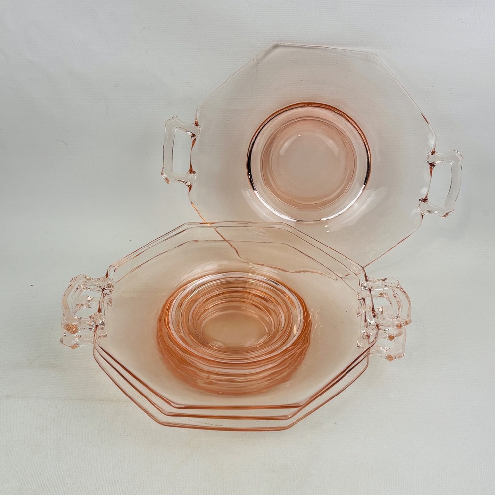 Vintage Pink Depression Glass Set of 4 Octagon Plates with Handles 8.5" Luncheon